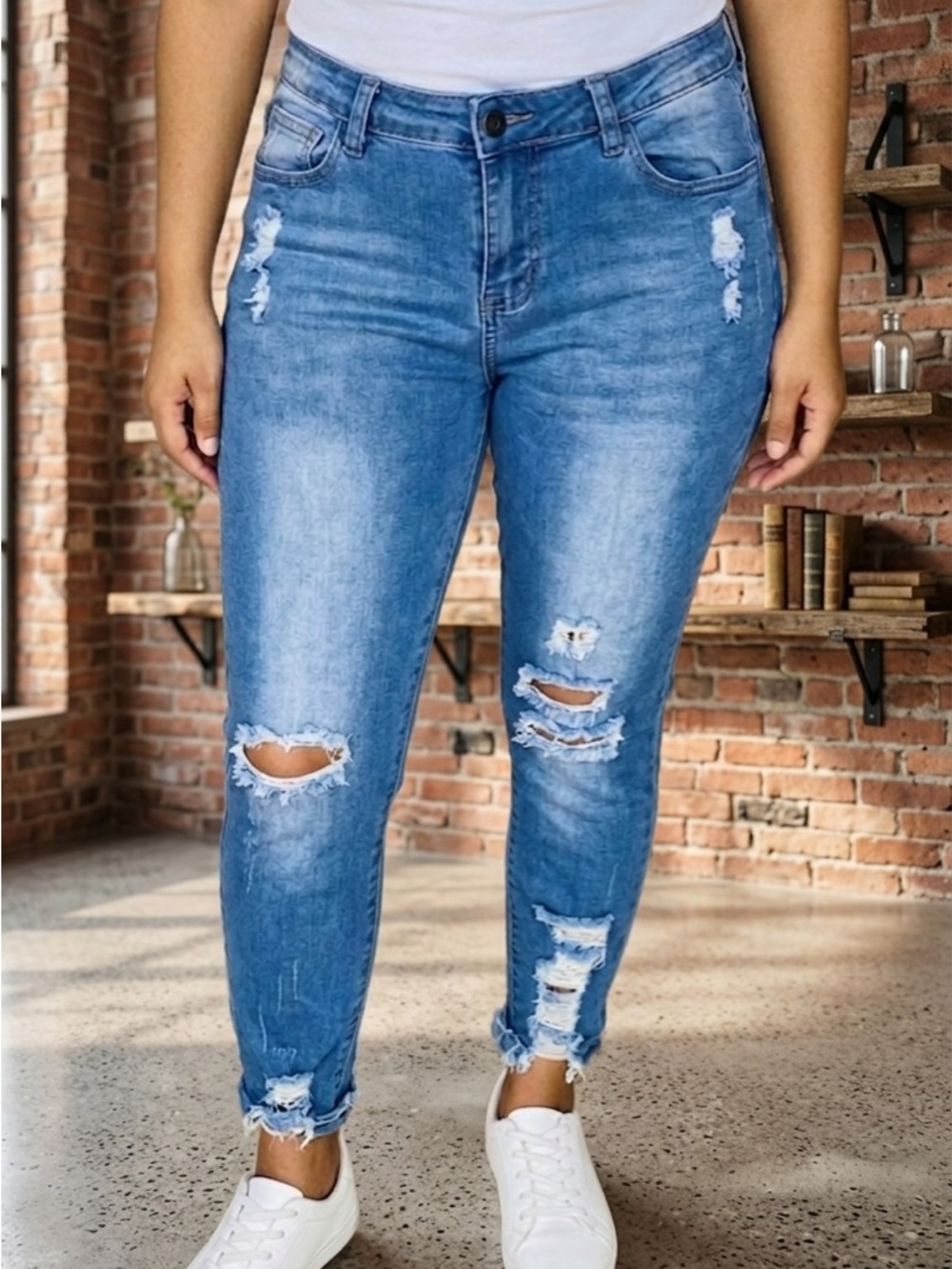 GOGO Medium Blue Distressed Ankle Jeans